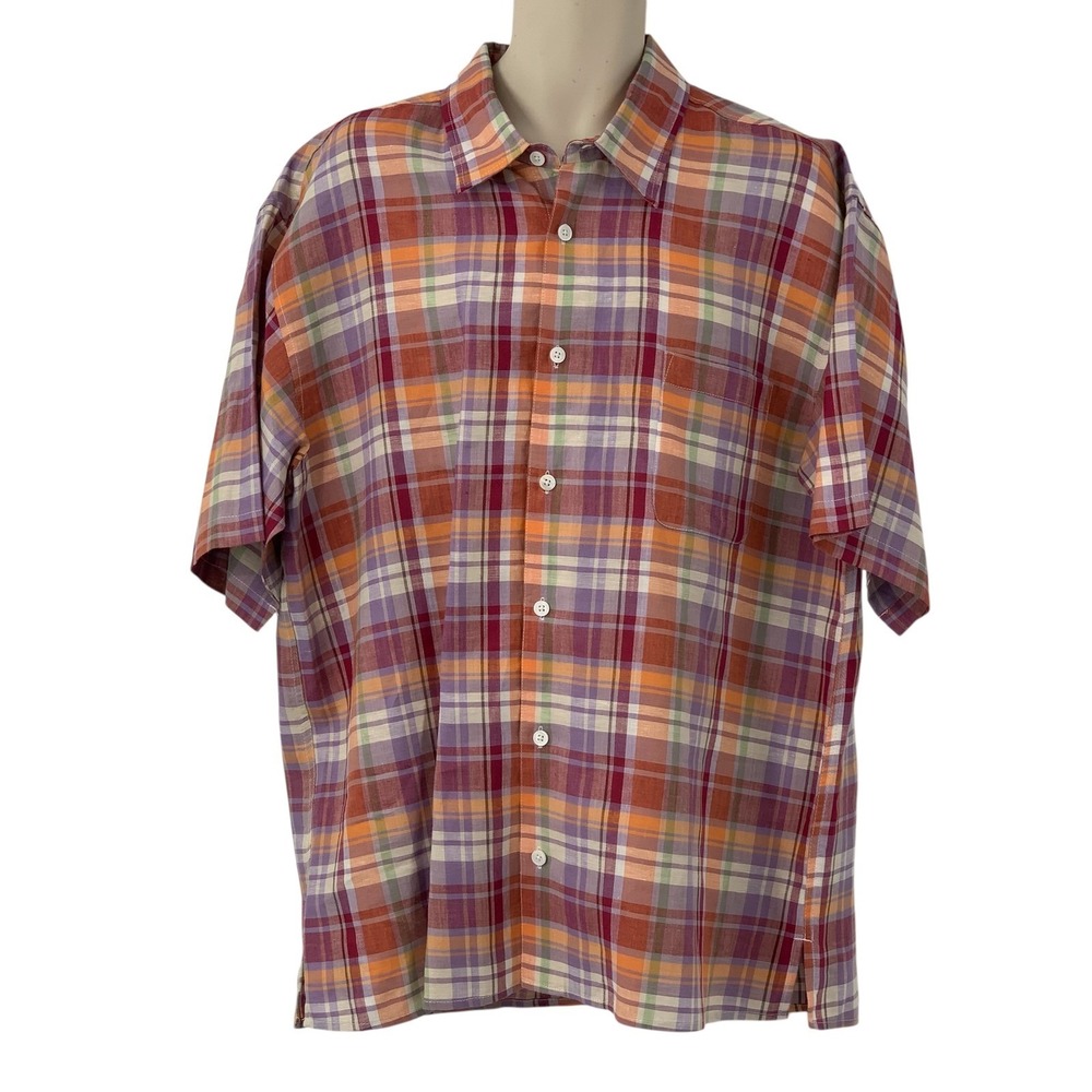 Island Republic Men's Short Sleeve Button Up Linen Shirt Purple/Orange Plaid XXL